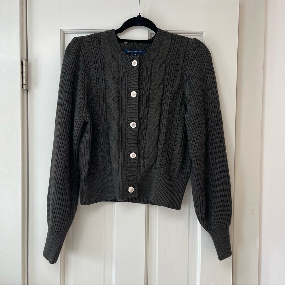 French Connection Dark Green Cable Knit Cardigan